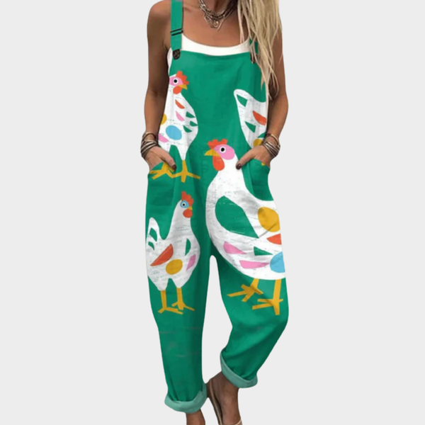 Grüne Latzhose mit Hühnern